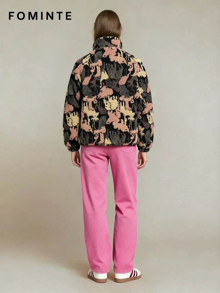 Abstract Camo Print Full-Zip Sherpa Fleece Jacket