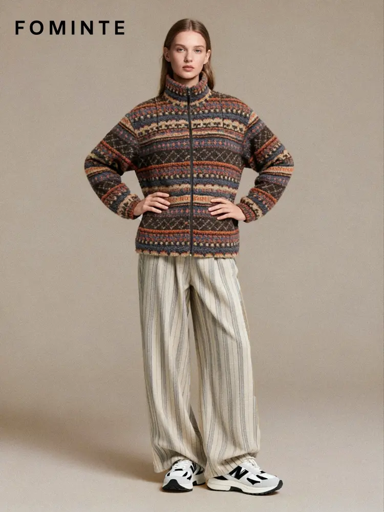 Fair Isle Stripe Full-Zip Sherpa Fleece Jacket