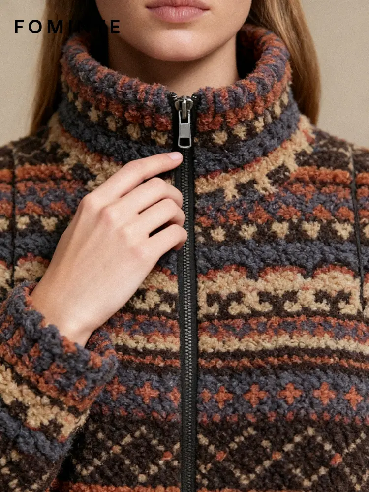 Fair Isle Stripe Full-Zip Sherpa Fleece Jacket