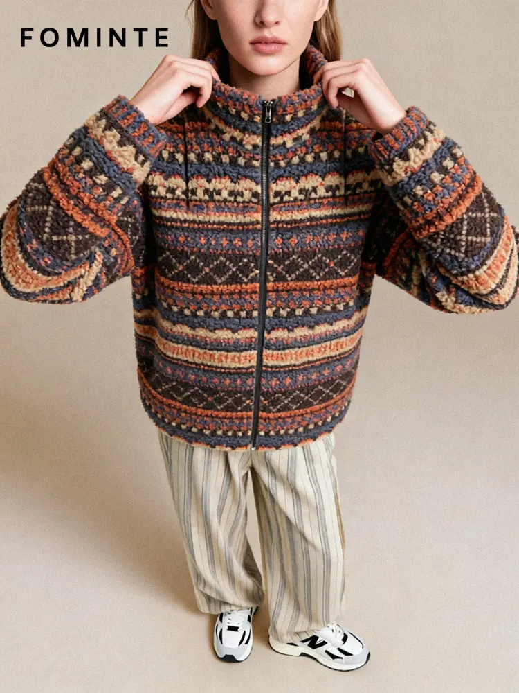 Fair Isle Stripe Full-Zip Sherpa Fleece Jacket