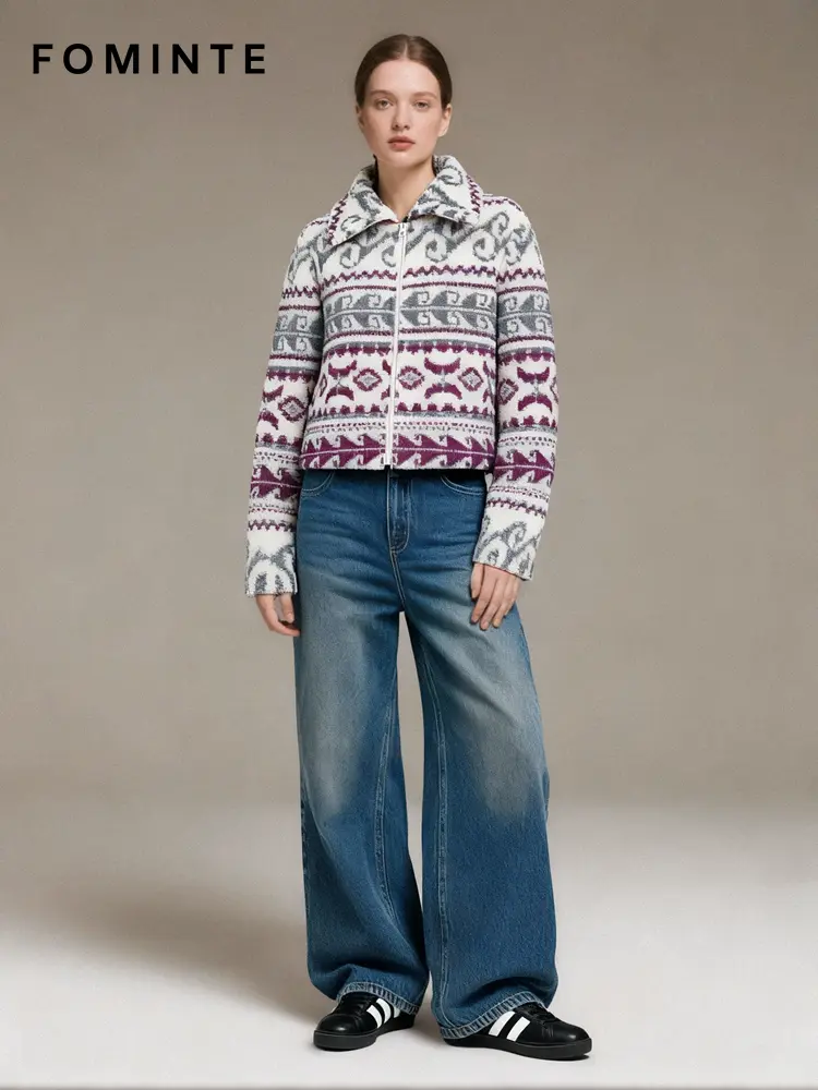 Nordic Aztec Print Cropped Sherpa Fleece Jacket