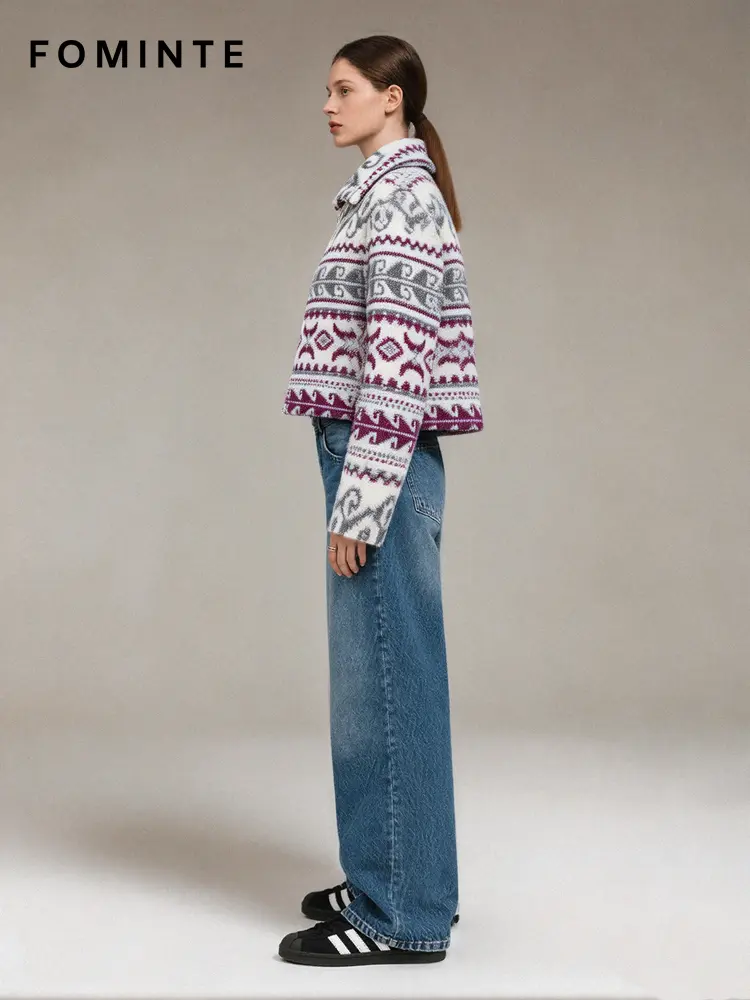 Nordic Aztec Print Cropped Sherpa Fleece Jacket