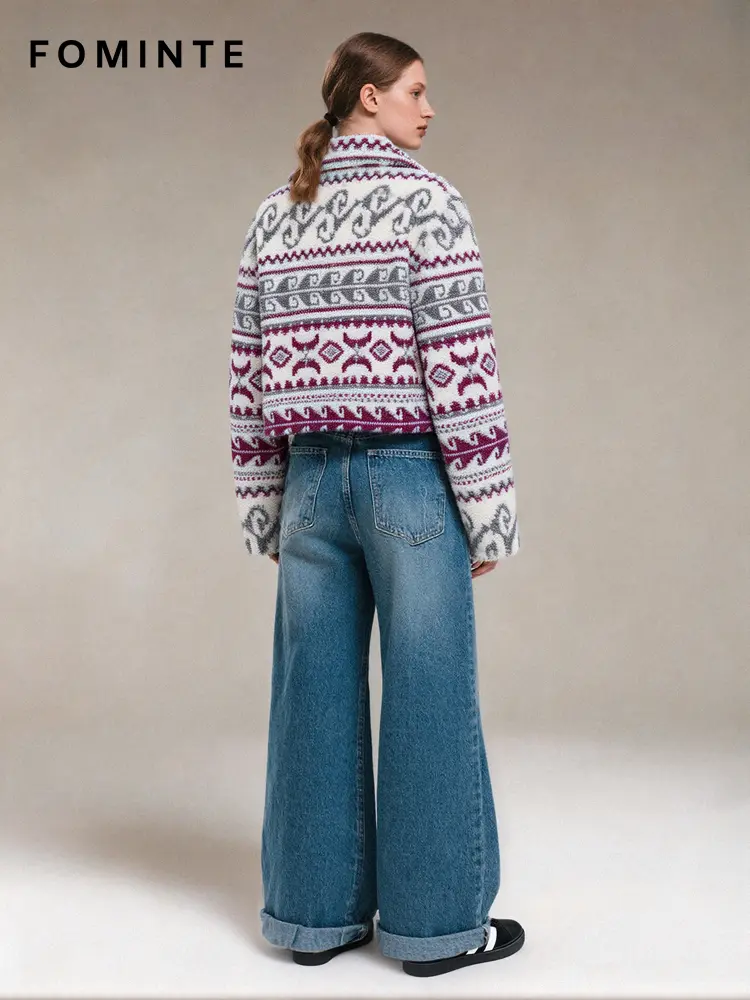 Nordic Aztec Print Cropped Sherpa Fleece Jacket