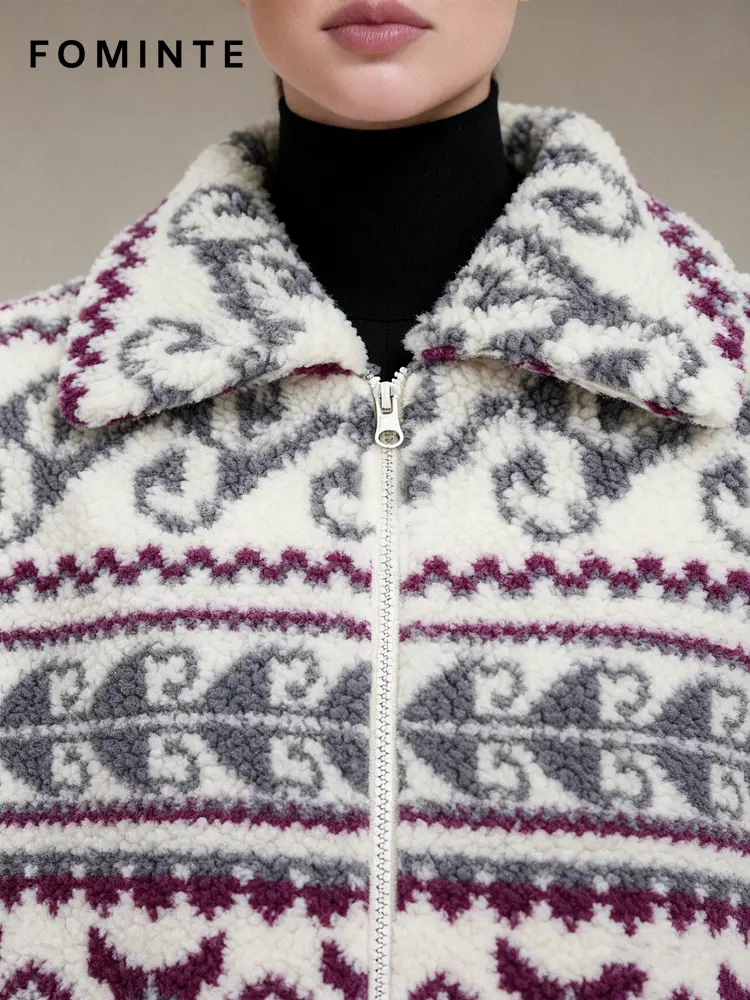 Nordic Aztec Print Cropped Sherpa Fleece Jacket