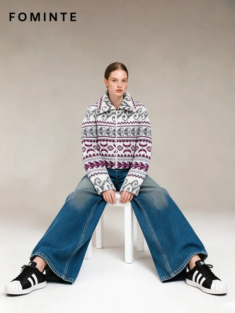 Nordic Aztec Print Cropped Sherpa Fleece Jacket