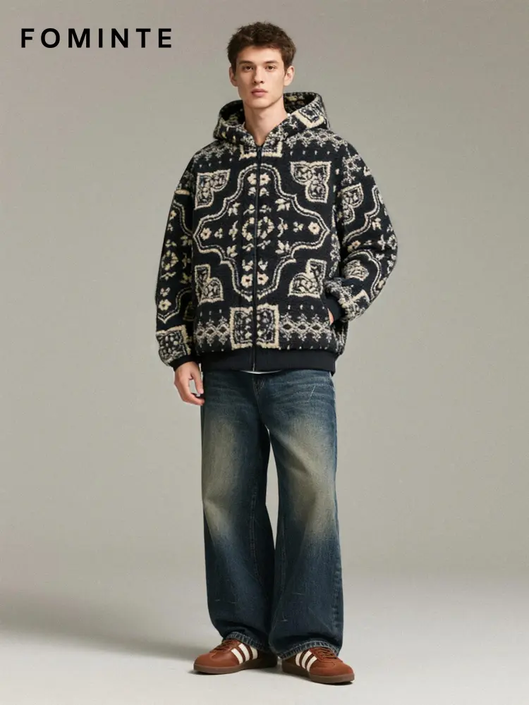 Bandana Print Hooded Sherpa Fleece Jacket