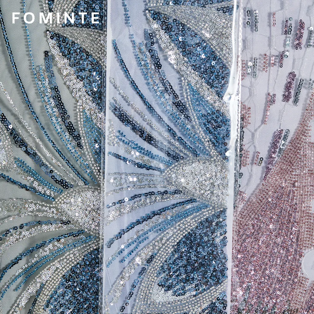 FT25-031B: Art Deco Feather Motif Heavy Beaded Fabric for Gala Gowns wholesale