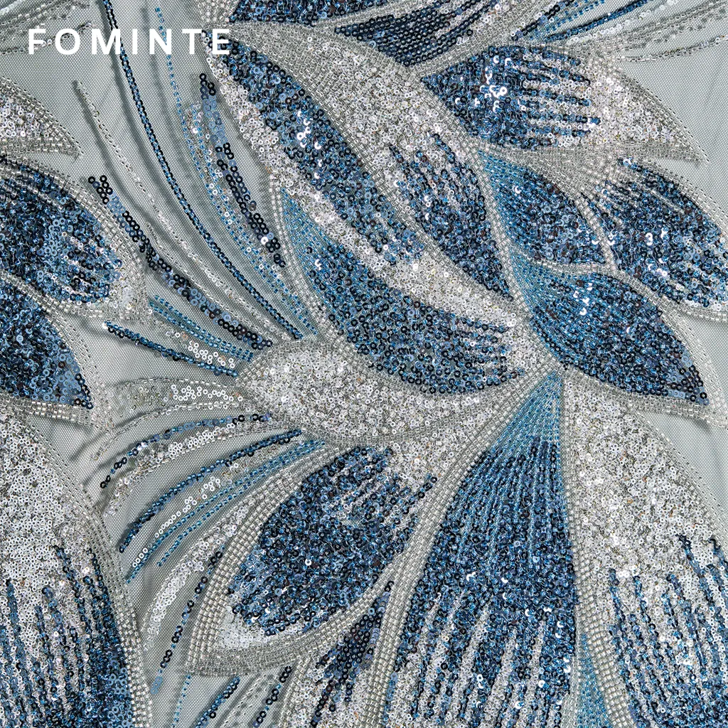 FT25-031B: Art Deco Feather Motif Heavy Beaded Fabric for Gala Gowns wholesale