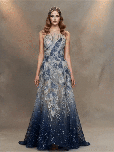 FT25-031B: Art Deco Feather Motif Heavy Beaded Fabric for Gala Gowns