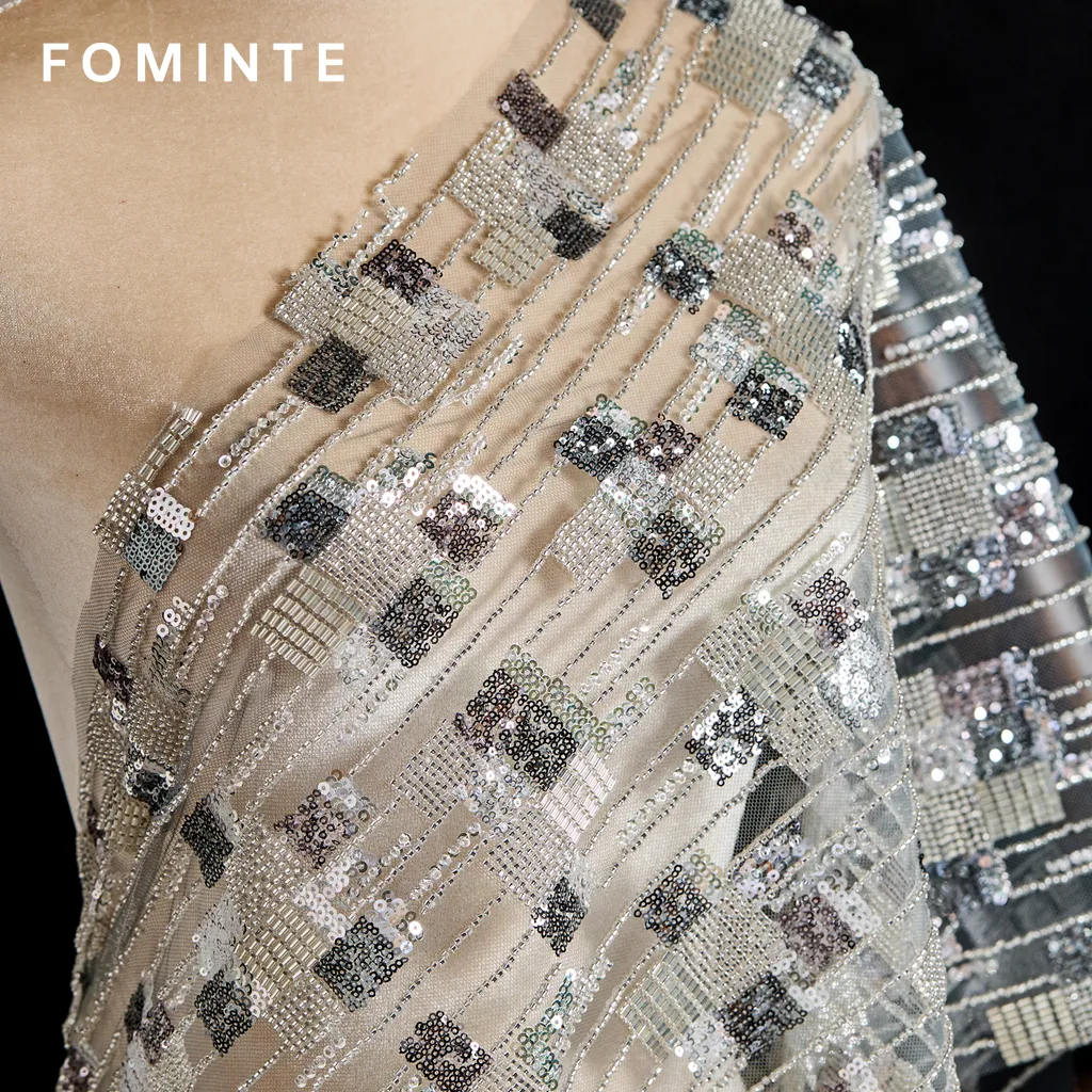 FT25-042: Modern Mosaic Tile Beaded Fabric with Art Deco Grid Pattern wholesale