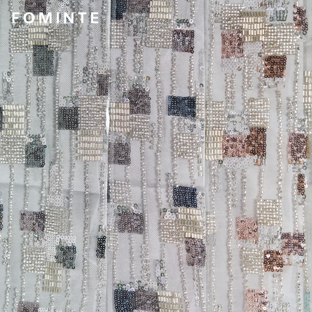 FT25-042: Modern Mosaic Tile Beaded Fabric with Art Deco Grid Pattern wholesale