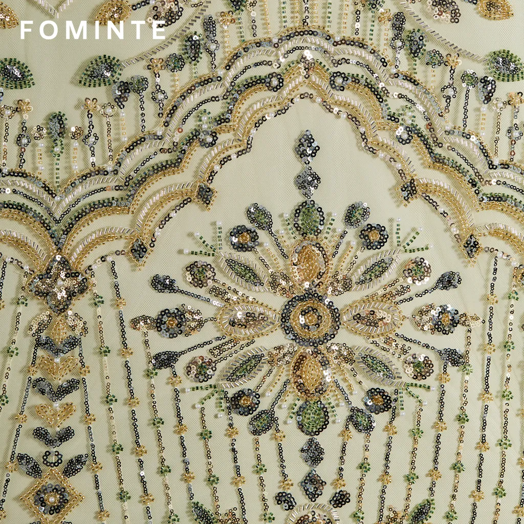 FT25-082: Regal Art Deco Medallion Beaded Fabric for Luxury Caftans and Gowns wholesale