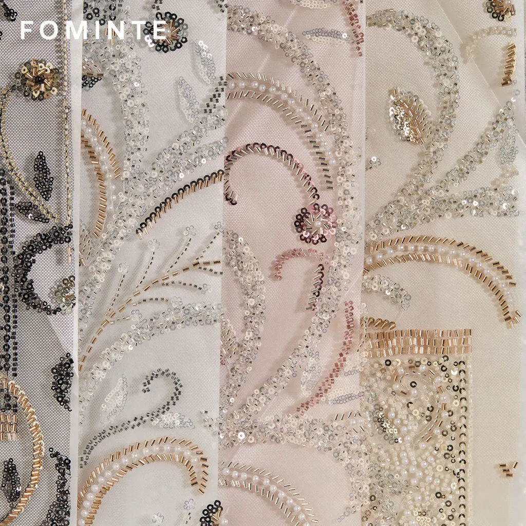 FT25-104: Art Nouveau Inspired Bugle Bead & Sequin Fabric for Couture Gowns wholesale