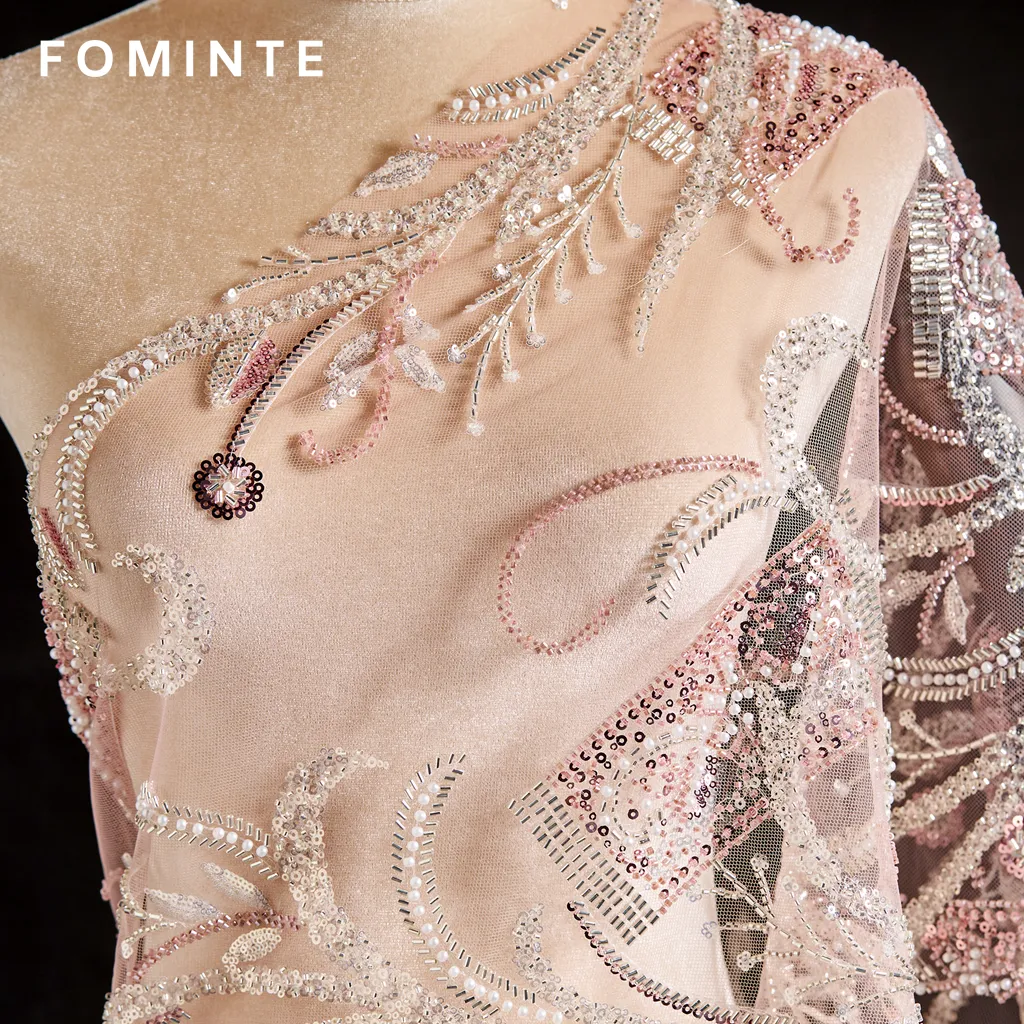 FT25-104: Art Nouveau Inspired Bugle Bead & Sequin Fabric for Couture Gowns wholesale