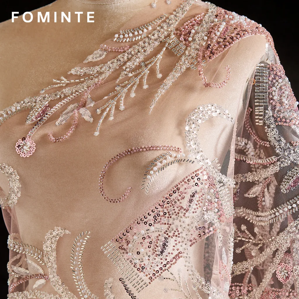 FT25-104: Art Nouveau Inspired Bugle Bead & Sequin Fabric for Couture Gowns wholesale