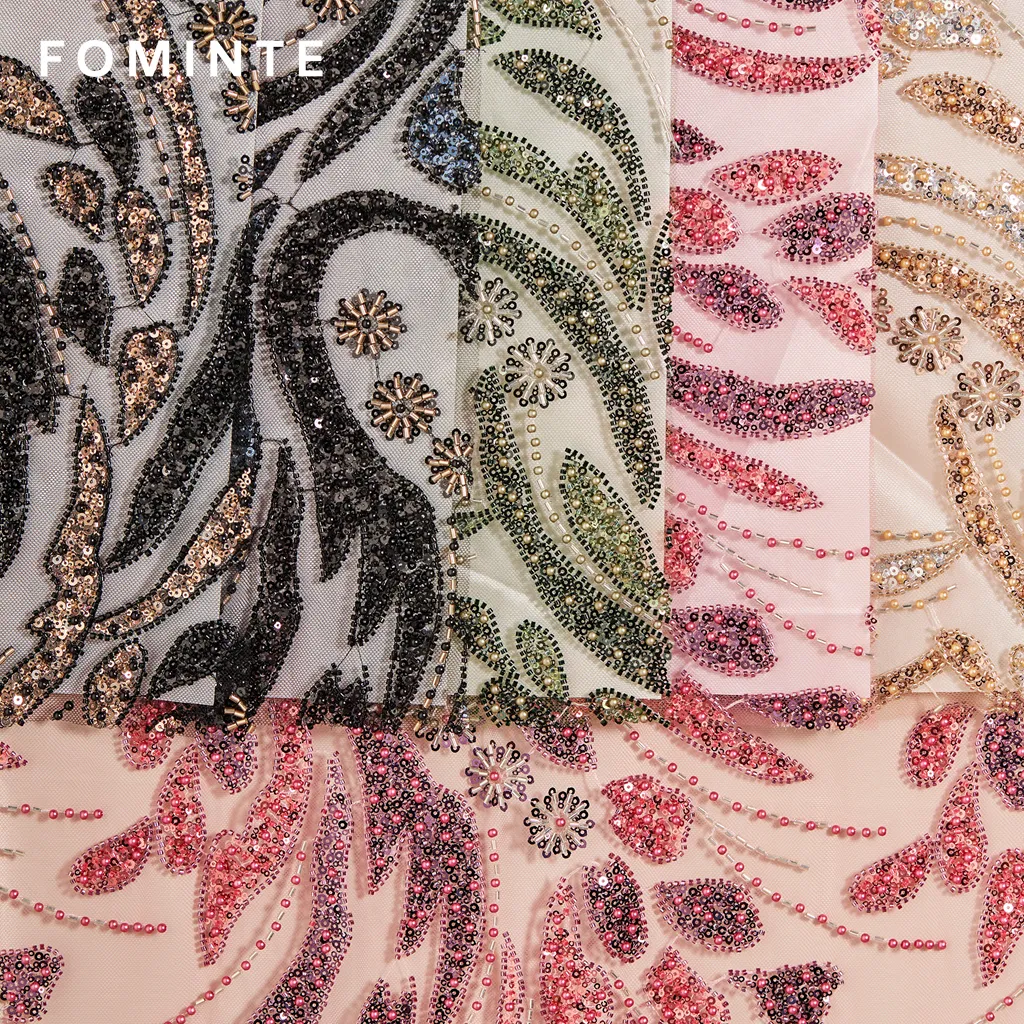 FT25-107: Elegant Paisley Pattern Beaded Fabric with 3D Floral Appliques wholesale