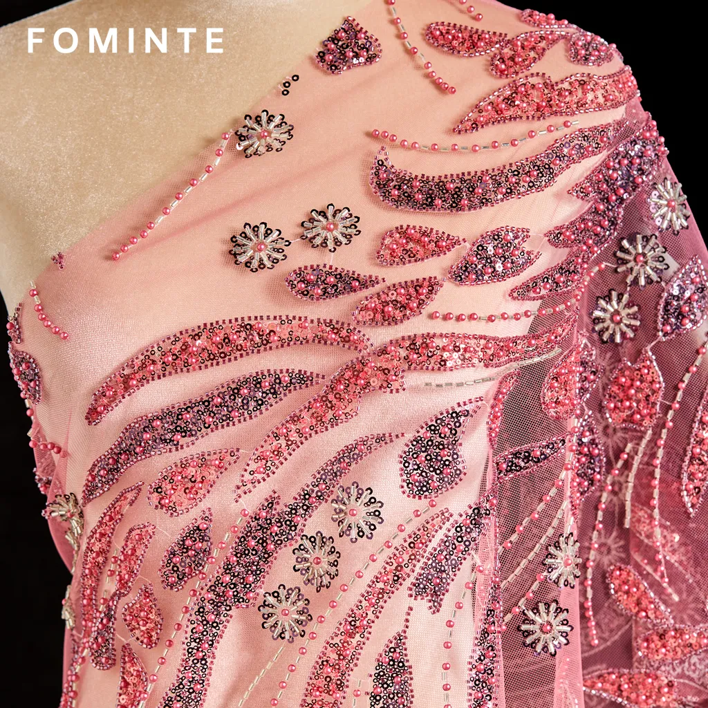 FT25-107: Elegant Paisley Pattern Beaded Fabric with 3D Floral Appliques wholesale