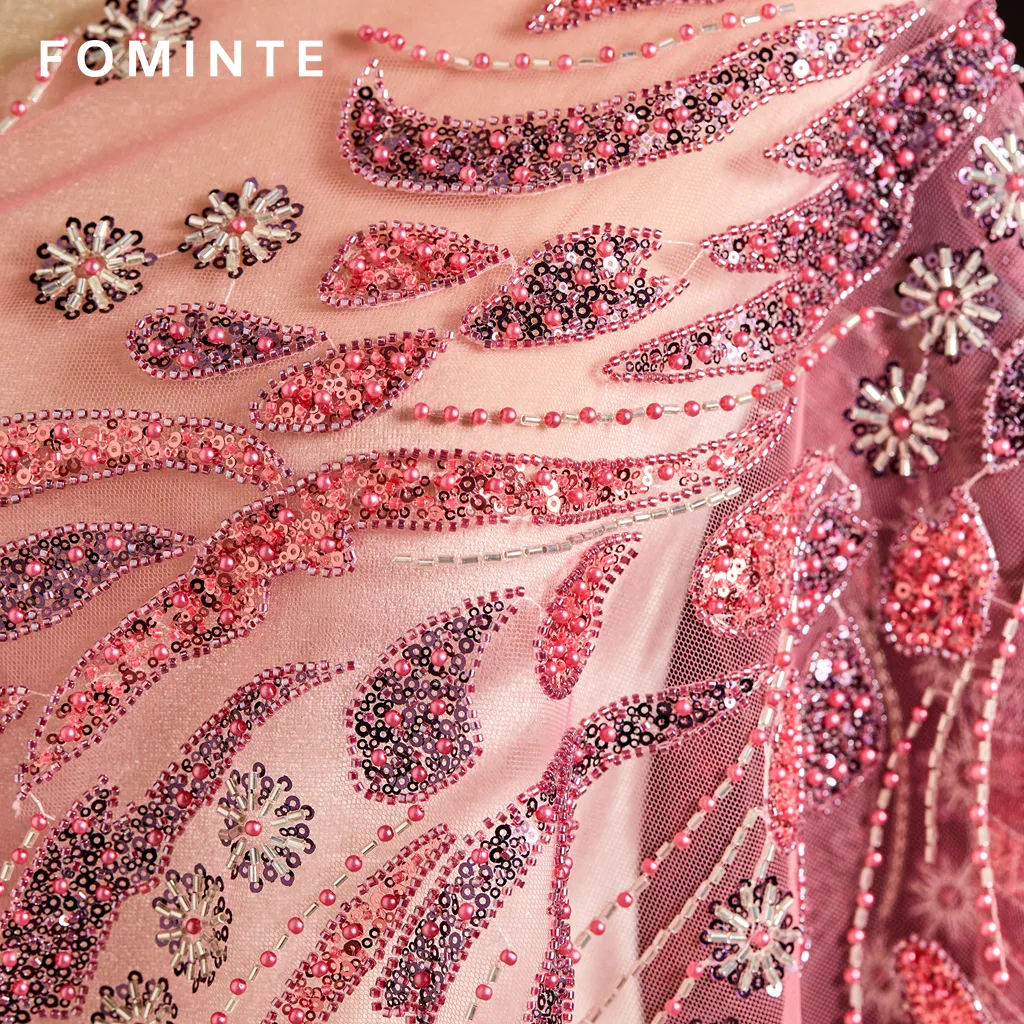 FT25-107: Elegant Paisley Pattern Beaded Fabric with 3D Floral Appliques wholesale