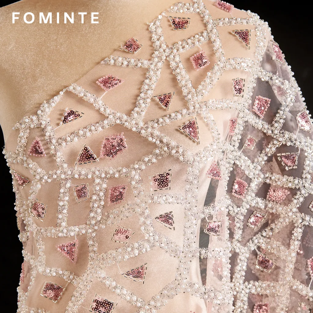 FT25-121 Modern Geometric Lattice Beaded Fabric for Couture Gowns wholesale