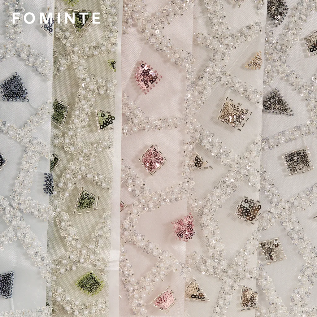 FT25-121 Modern Geometric Lattice Beaded Fabric for Couture Gowns wholesale