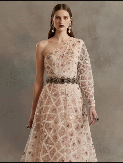 FT25-121 Modern Geometric Lattice Beaded Fabric for Couture Gowns