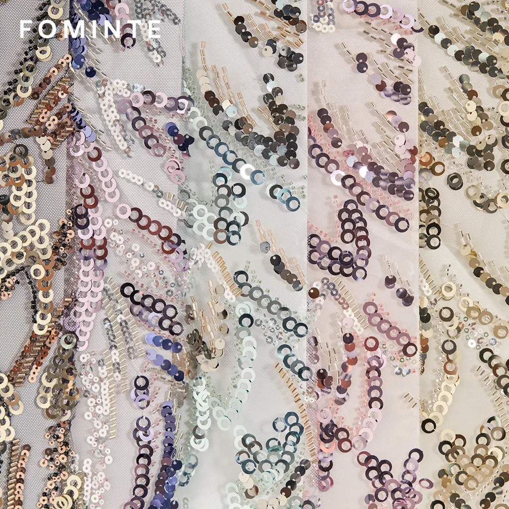 FT25-122: Modern Abstract Sequin and Beaded Fabric with Bugle Bead Fringe wholesale