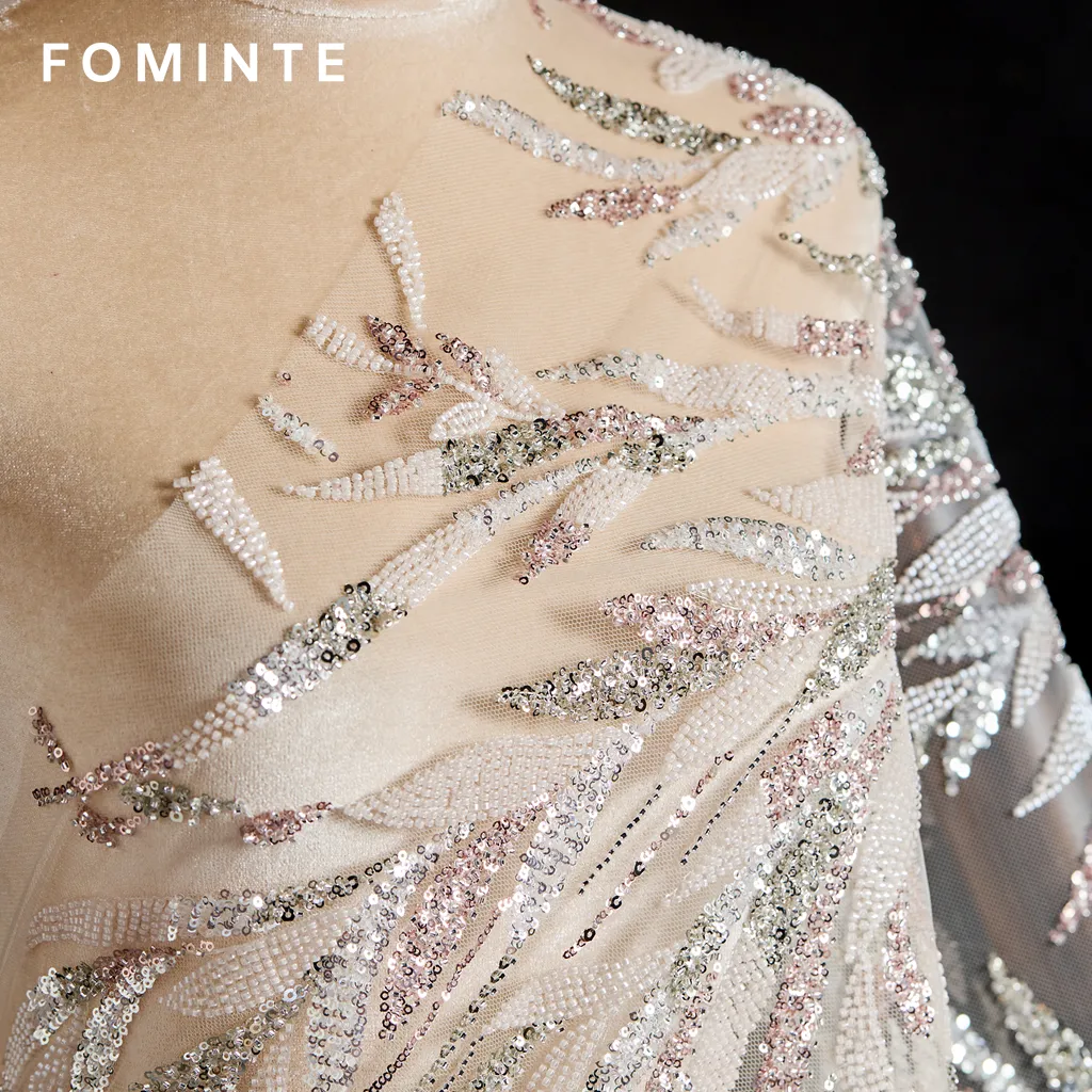 FT25-123 Glamorous Feather Motif Fabric with Allover Beading for Couture Gowns wholesale