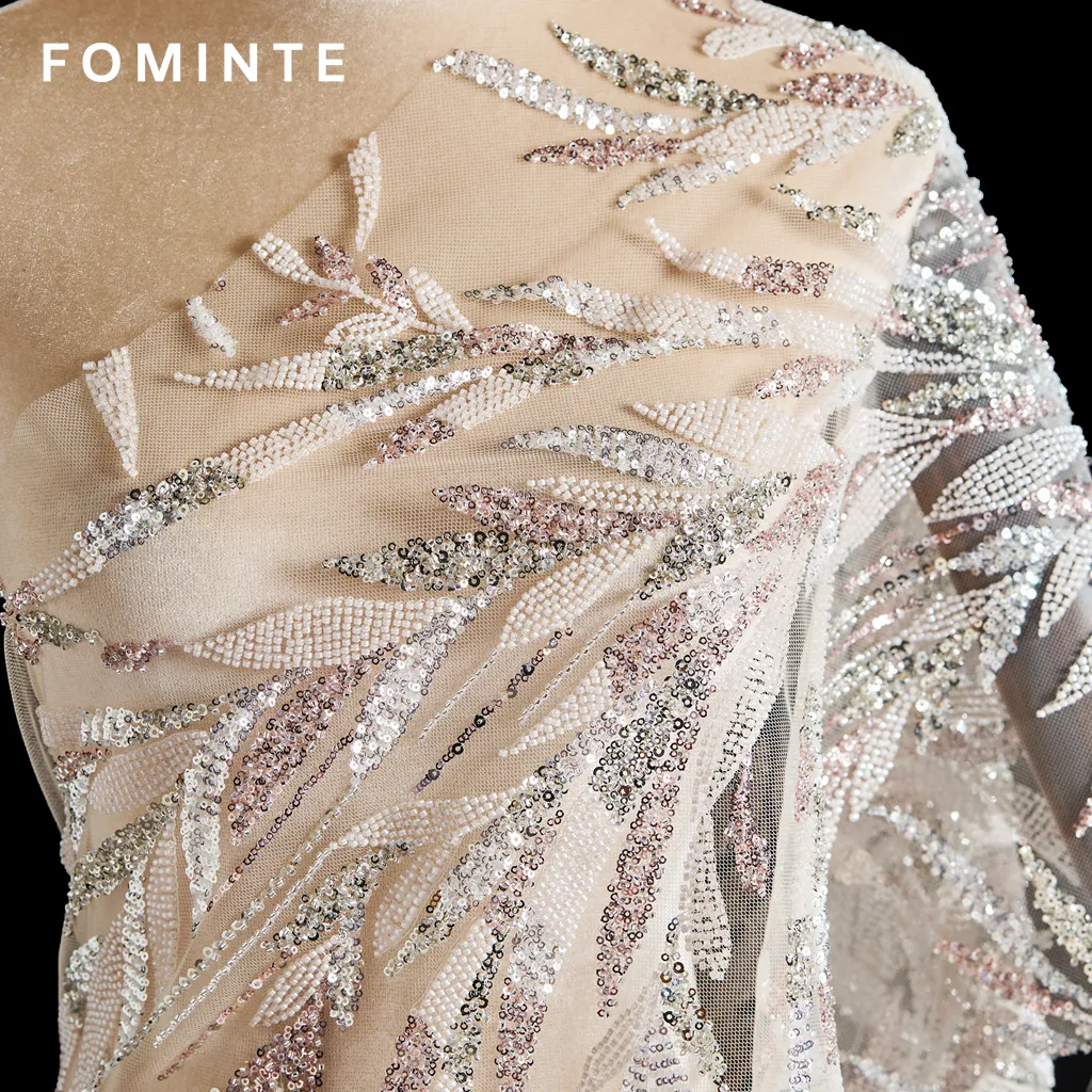 FT25-123 Glamorous Feather Motif Fabric with Allover Beading for Couture Gowns wholesale