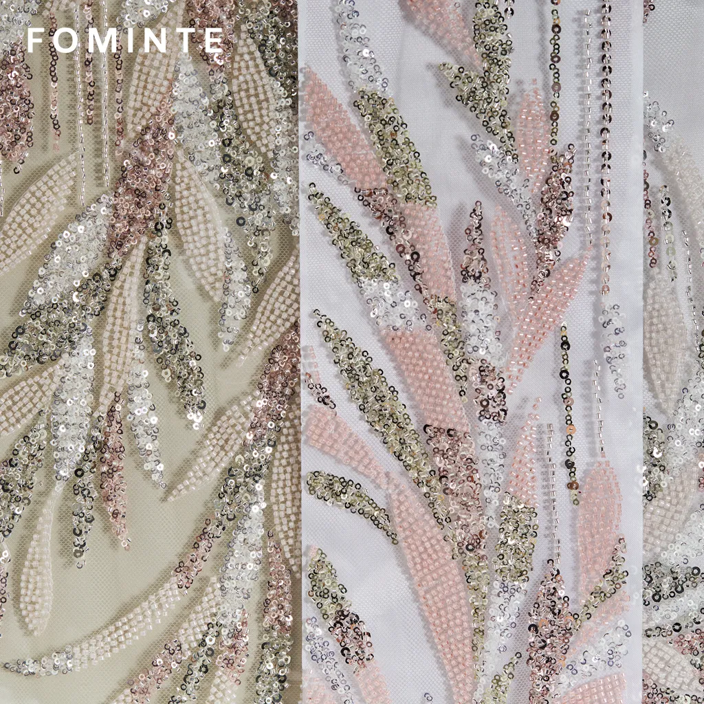 FT25-123 Glamorous Feather Motif Fabric with Allover Beading for Couture Gowns wholesale