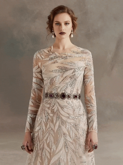 FT25-123 Glamorous Feather Motif Fabric with Allover Beading for Couture Gowns