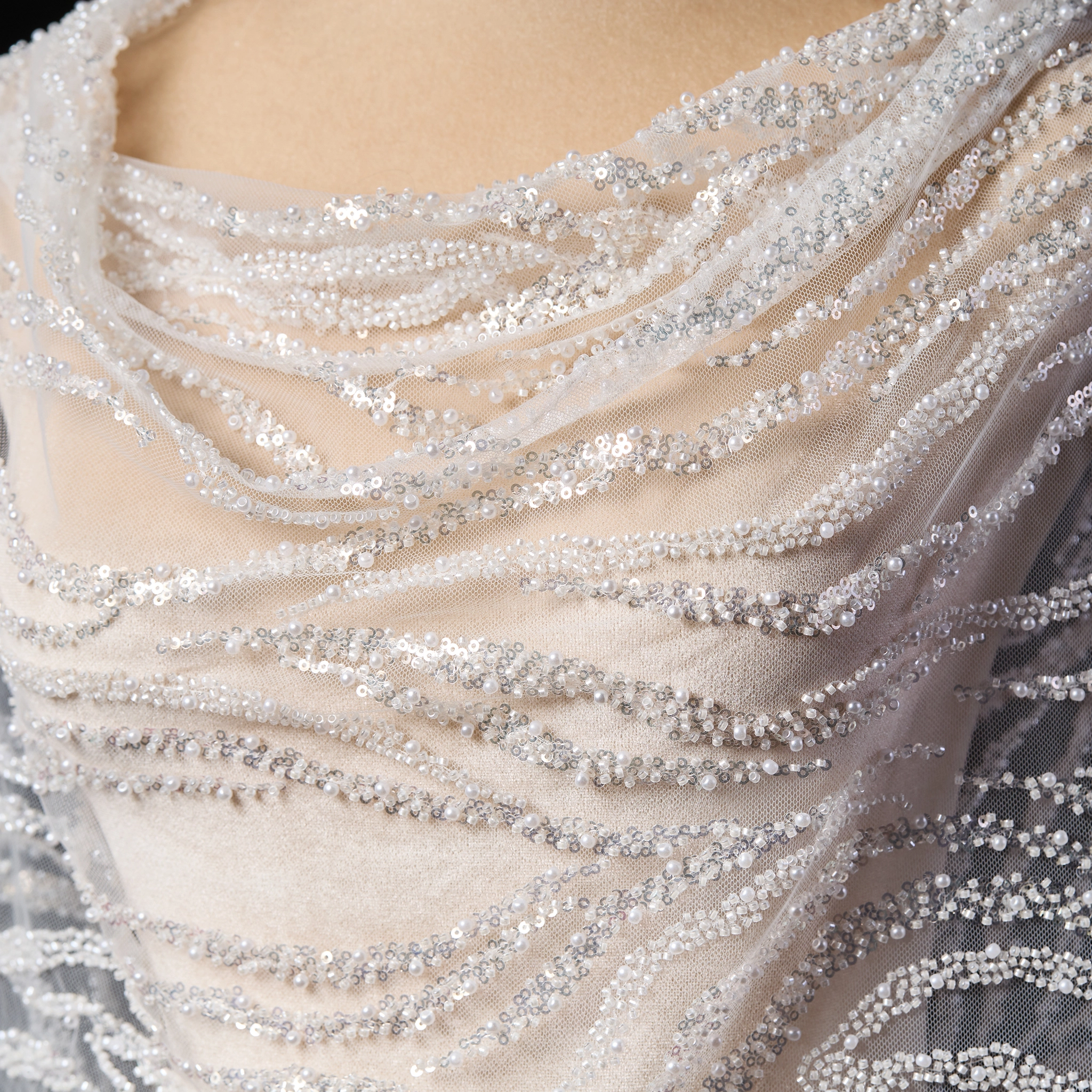 FT25-124 Modern Abstract Wave Beaded Lace for Glamorous Bridal Gowns-fominte