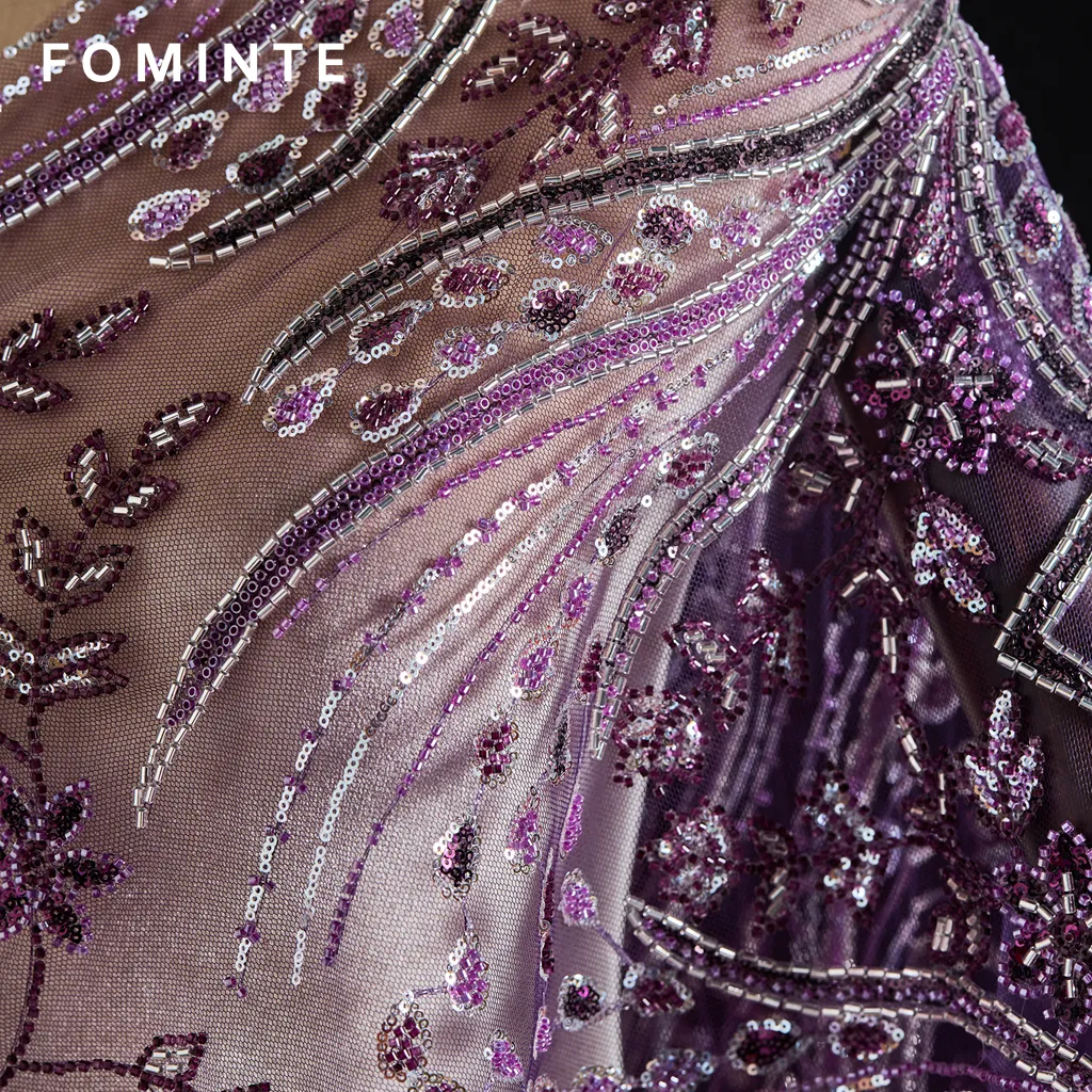 FT25-162: Regal Purple Beaded Lace with Art Deco Botanical Motifs wholesale