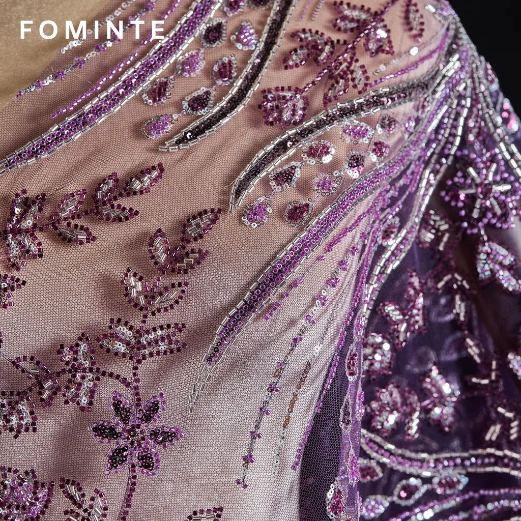 FT25-162: Regal Purple Beaded Lace with Art Deco Botanical Motifs wholesale