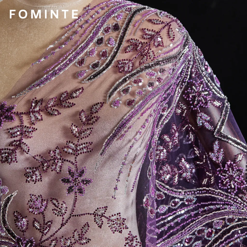 FT25-162: Regal Purple Beaded Lace with Art Deco Botanical Motifs wholesale