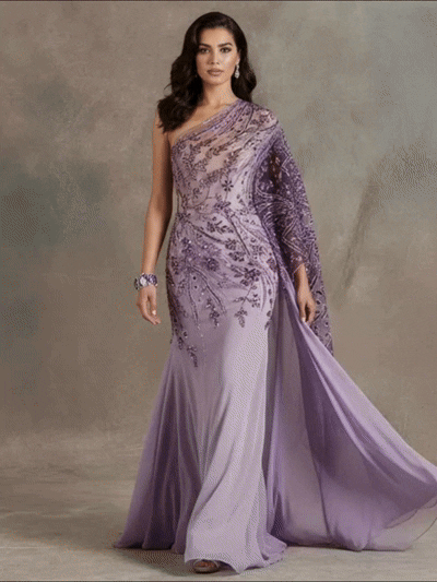 FT25-162: Regal Purple Beaded Lace with Art Deco Botanical Motifs