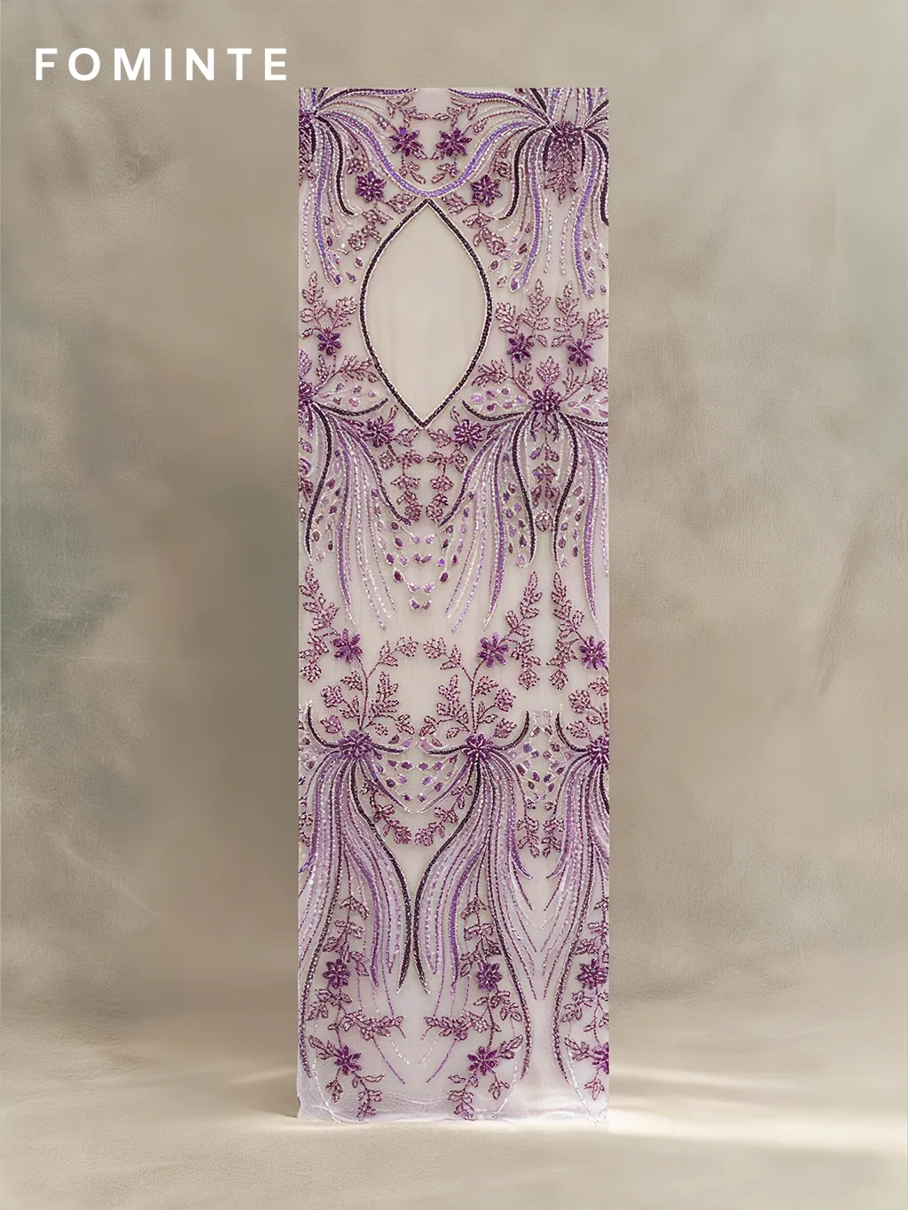 FT25-162: Regal Purple Beaded Lace with Art Deco Botanical Motifs wholesale