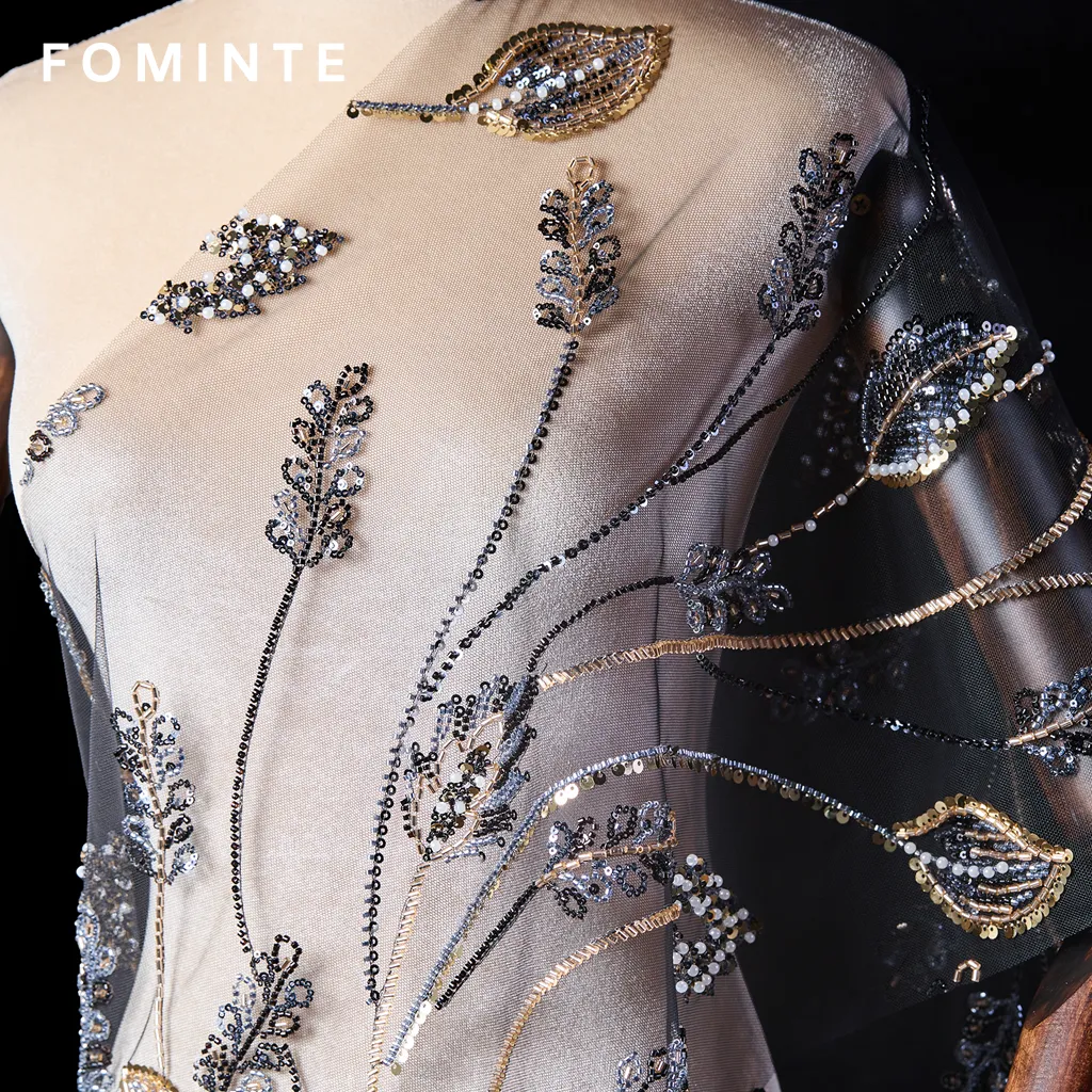 FT25-174T Elegant Botanical Vine Sequin Lace in Black and Gold wholesale