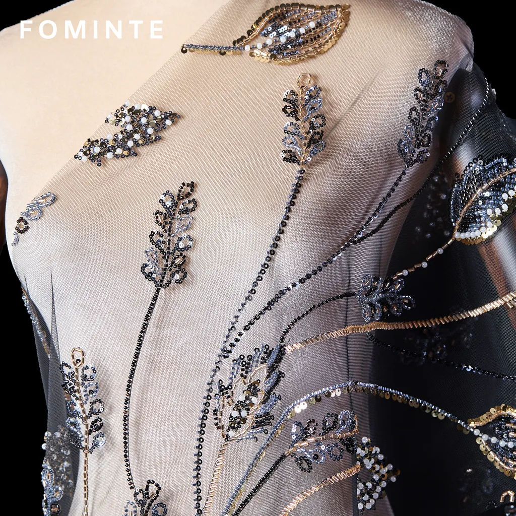 FT25-174T Elegant Botanical Vine Sequin Lace in Black and Gold wholesale