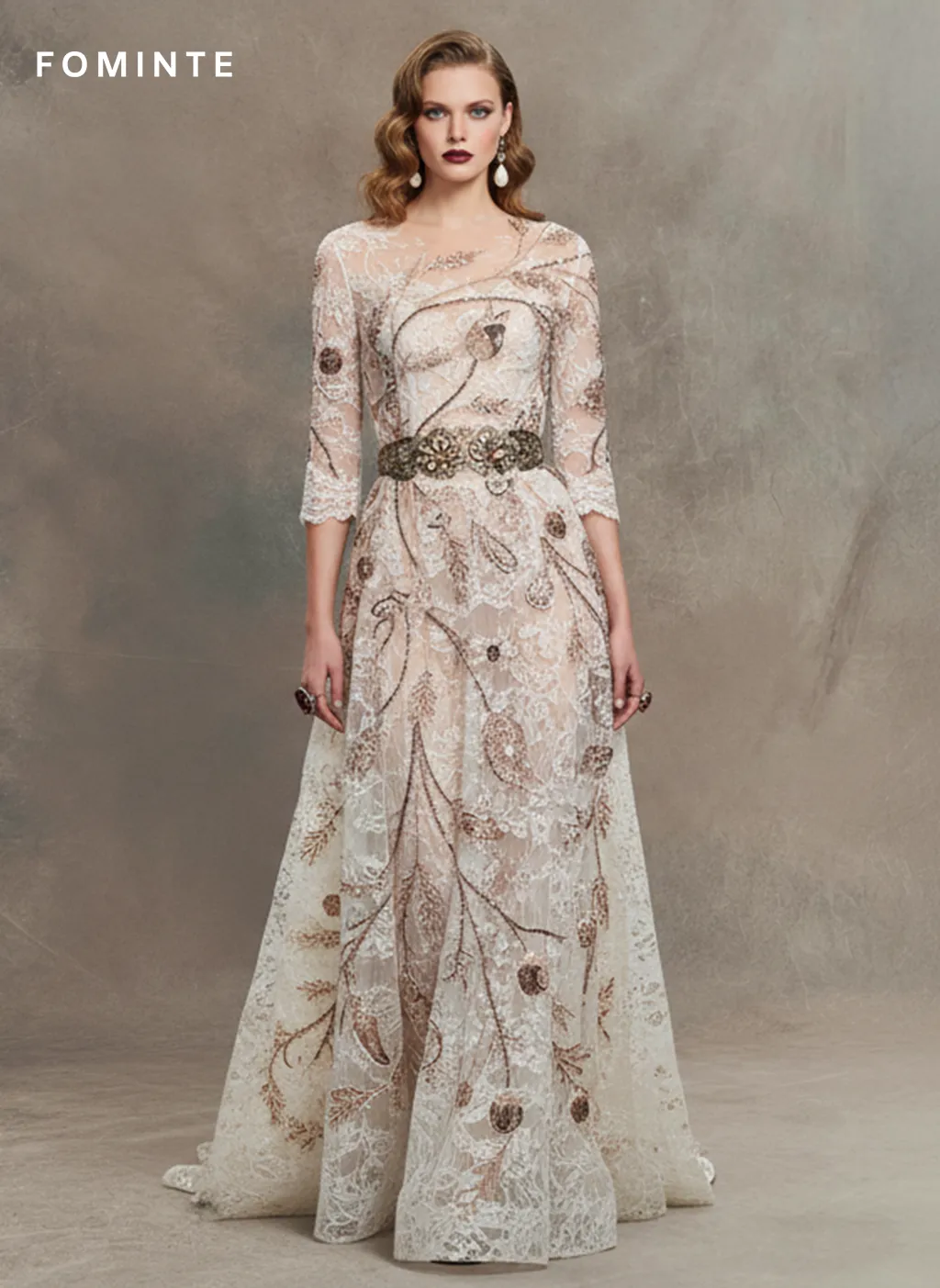 FT25-175T Artistic Botanical Beaded Lace with Feathered Leaf Motifs wholesale