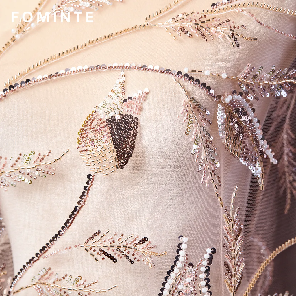 FT25-175T Artistic Botanical Beaded Lace with Feathered Leaf Motifs wholesale