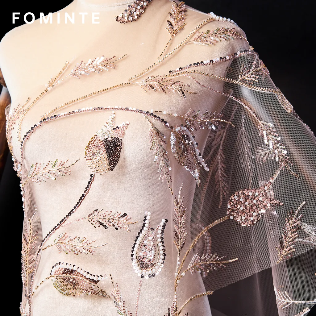 FT25-175T Artistic Botanical Beaded Lace with Feathered Leaf Motifs wholesale