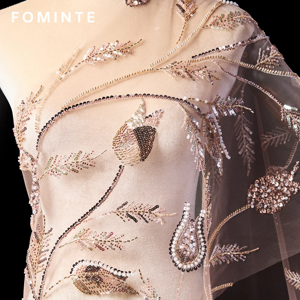 FT25-175T Artistic Botanical Beaded Lace with Feathered Leaf Motifs wholesale