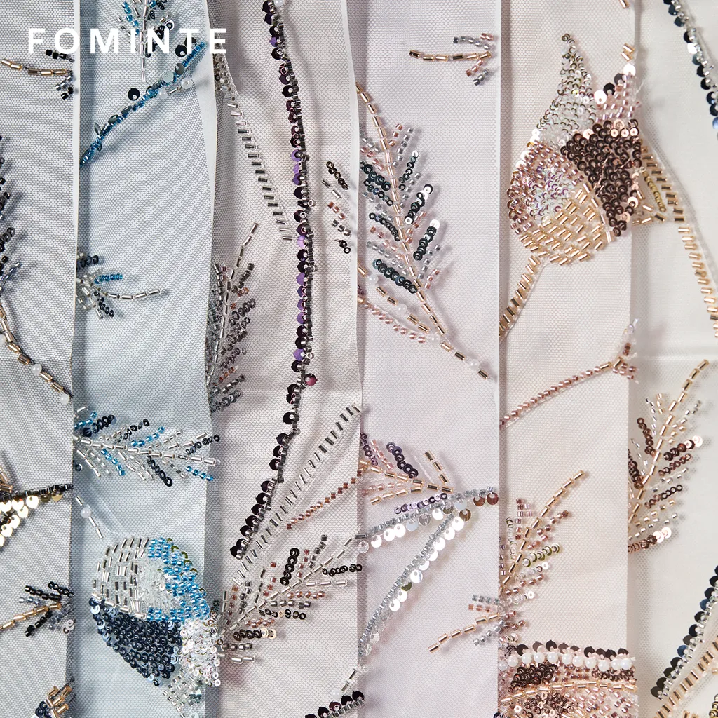 FT25-175T Artistic Botanical Beaded Lace with Feathered Leaf Motifs wholesale