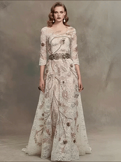 FT25-175T Artistic Botanical Beaded Lace with Feathered Leaf Motifs