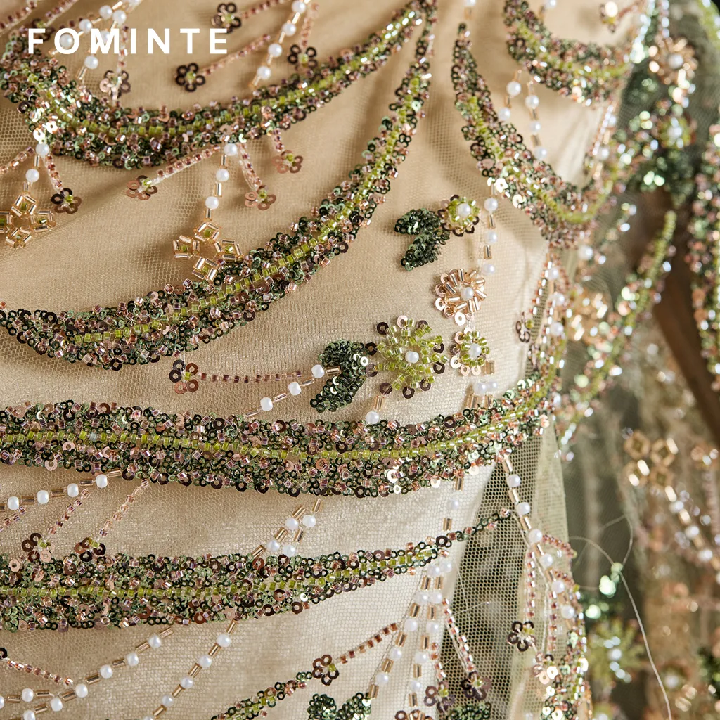 FT25-263: Romantic Floral Vine 3D Beaded Fabric with Draped Fringe for Couture Bridal Gowns wholesale