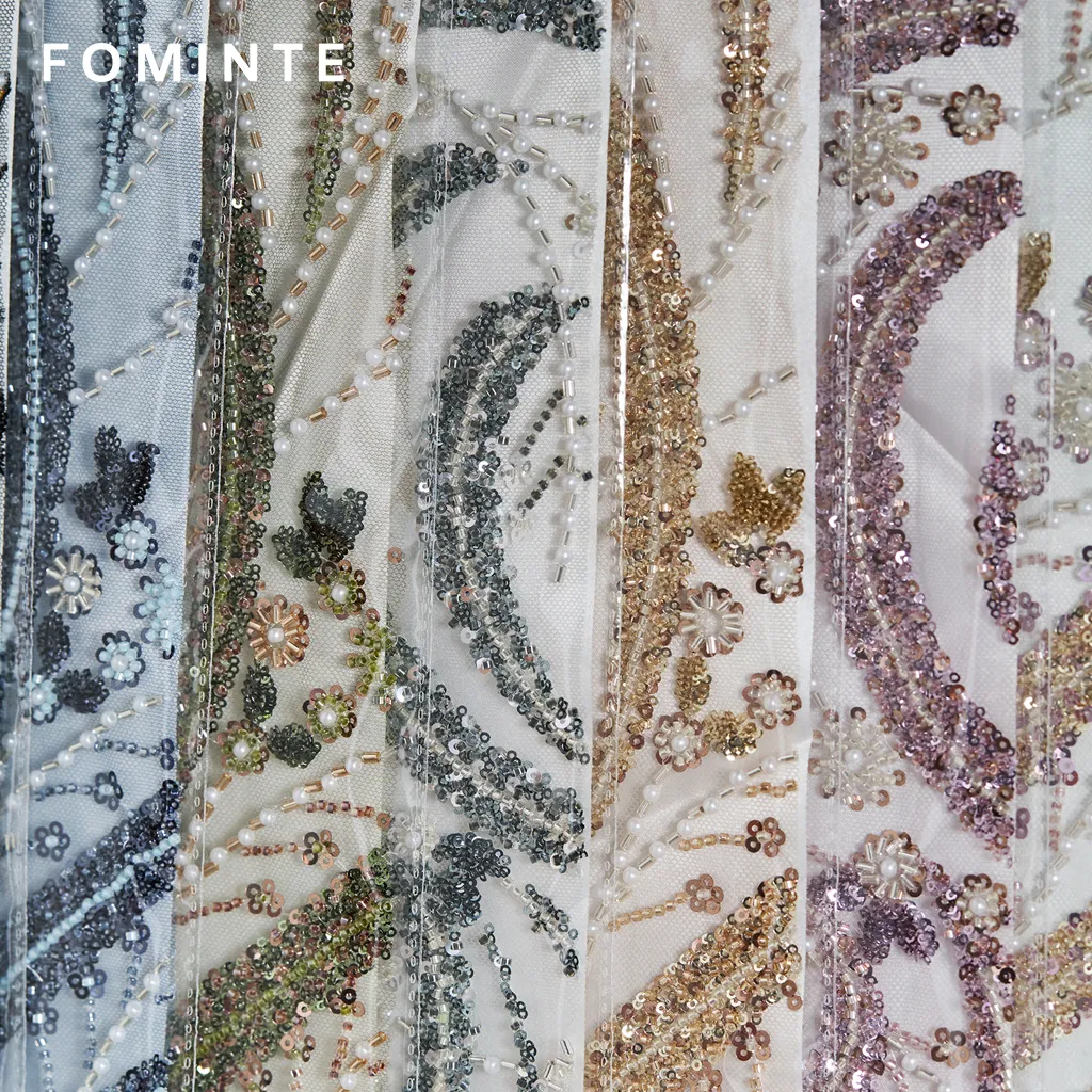 FT25-263: Romantic Floral Vine 3D Beaded Fabric with Draped Fringe for Couture Bridal Gowns wholesale