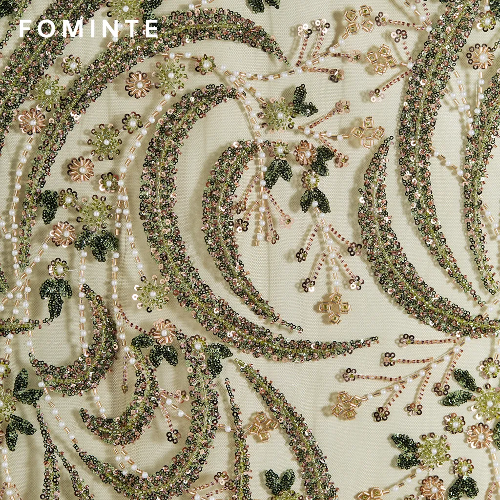 FT25-263: Romantic Floral Vine 3D Beaded Fabric with Draped Fringe for Couture Bridal Gowns wholesale