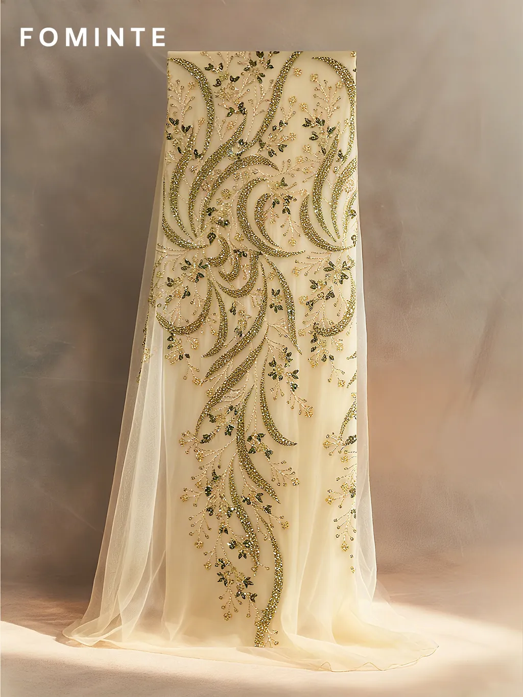 FT25-263: Romantic Floral Vine 3D Beaded Fabric with Draped Fringe for Couture Bridal Gowns wholesale