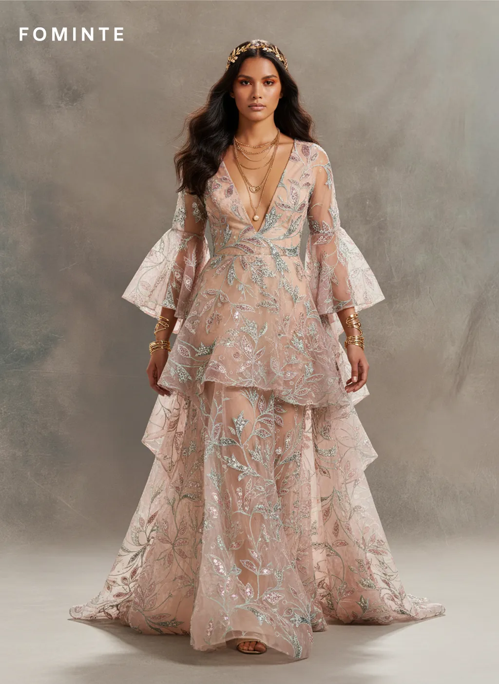 FT25-268B Romantic Botanical Vine Embroidered Lace with Sequin Leaves