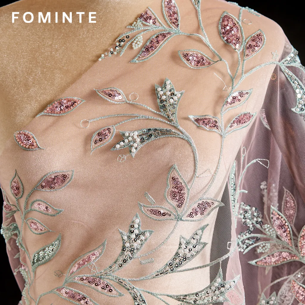 FT25-268B Romantic Botanical Vine Embroidered Lace with Sequin Leaves